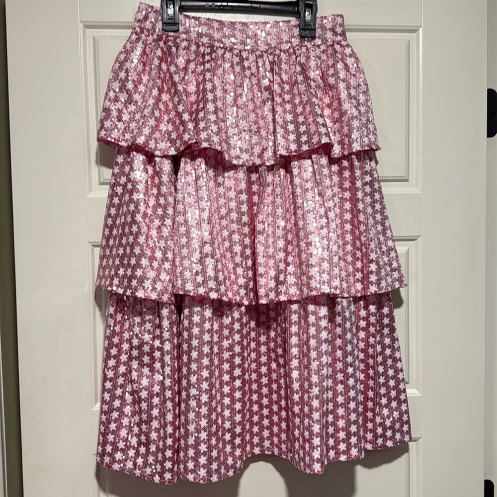 Queen Of Sparkles Sequins Star Ruffle Tiered Midi Skirt Small S Tiered Pink